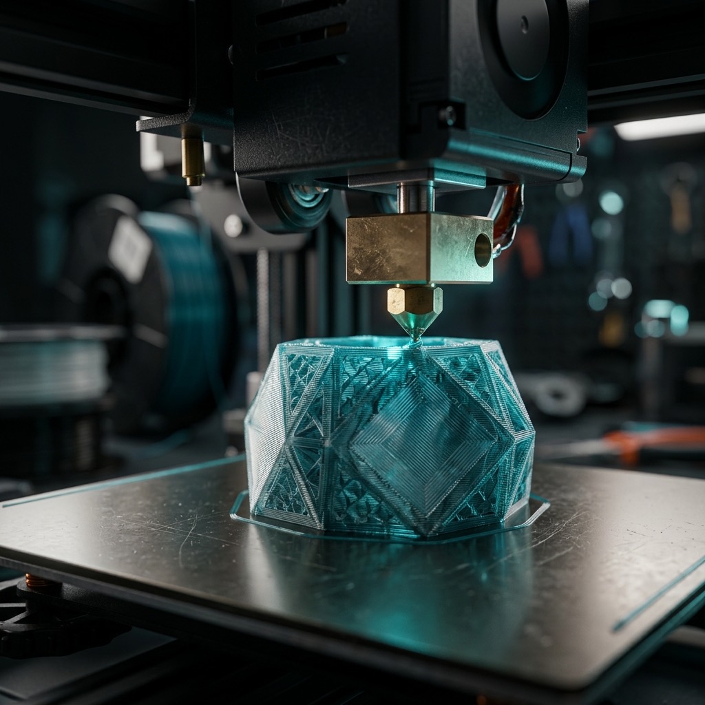 Nahaufnahme eines 3D-Druckers beim FDM-Druck eines Bauteils
