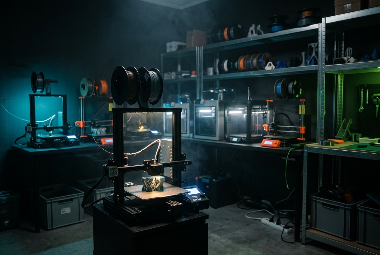 3D-Druck-Werkstatt von 3D-Printworld in Mannheim mit mehreren aktiven 3D-Druckern