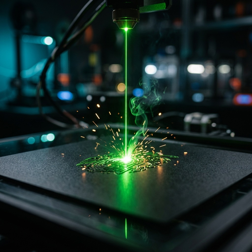 Nahaufnahme einer Lasergravur mit sichtbarem Laserstrahl