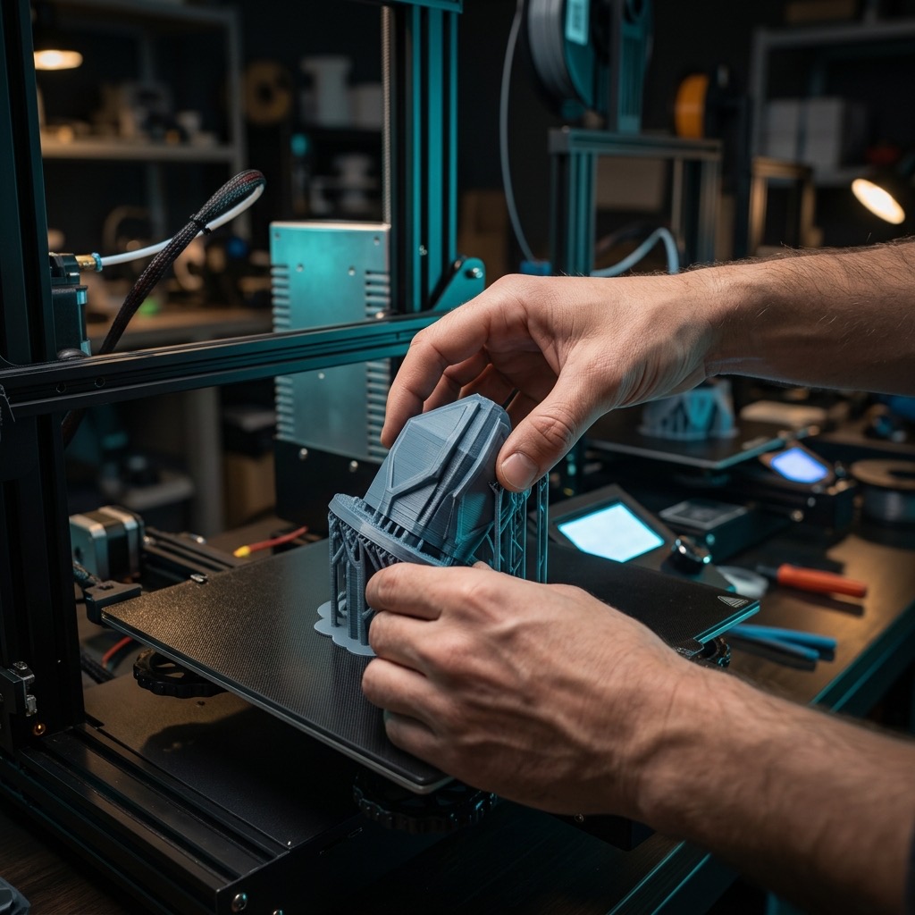 Hände nehmen ein fertig gedrucktes Objekt vom 3D-Drucker